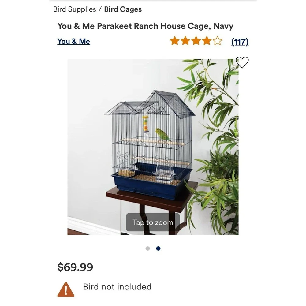 You & Me Parakeet Ranch House Bird Cage, Navy With Wooden Rod And Pullout Tray